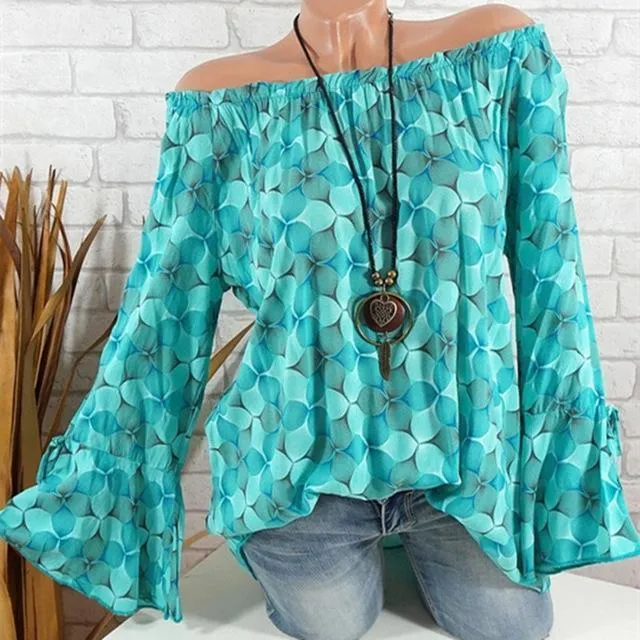 Slash Neck Flare Sleeve Chiffon Blouse