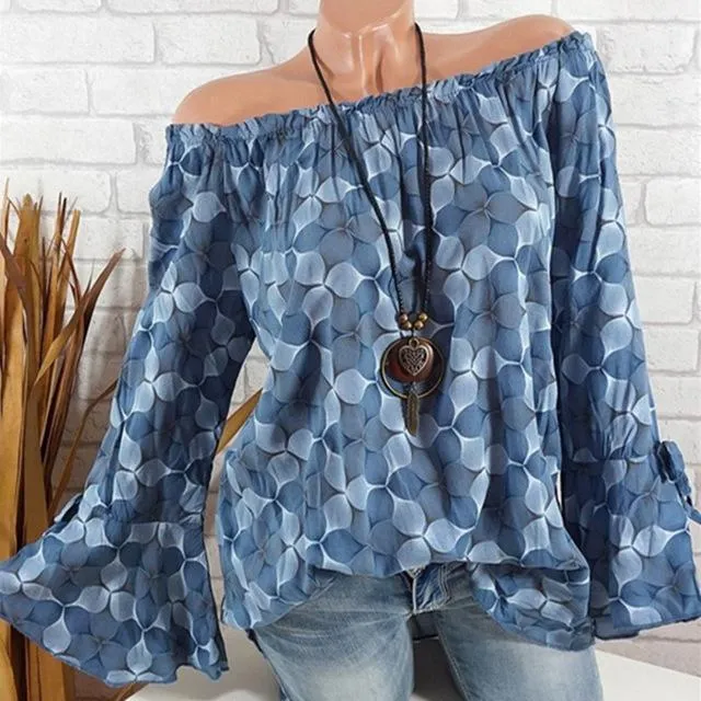 Slash Neck Flare Sleeve Chiffon Blouse