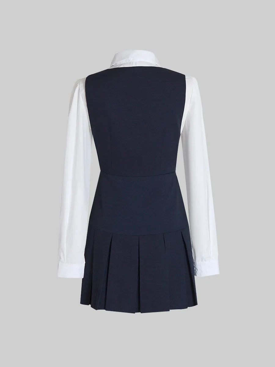 Sleeveless Dress & White Blouse Set with Tie