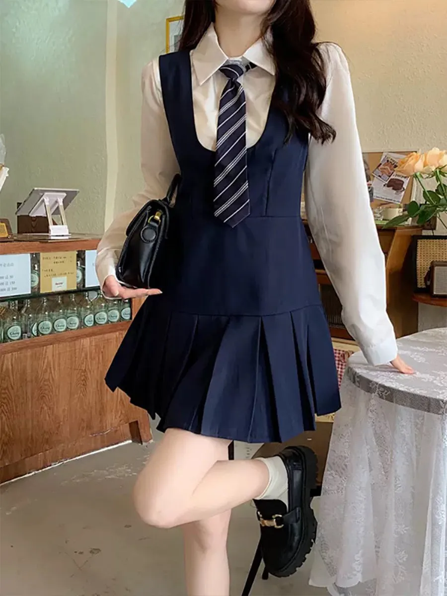 Sleeveless Dress & White Blouse Set with Tie