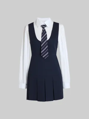 Sleeveless Dress & White Blouse Set with Tie