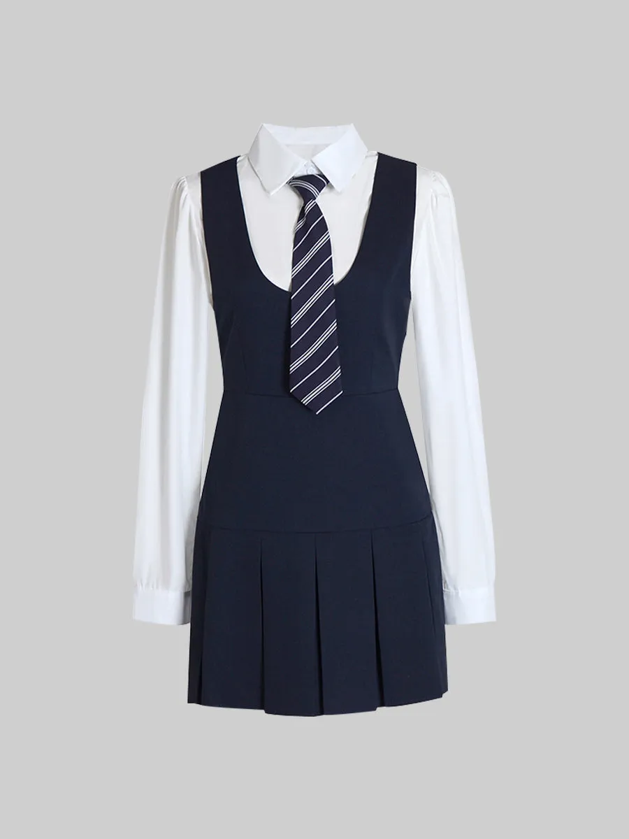 Sleeveless Dress & White Blouse Set with Tie