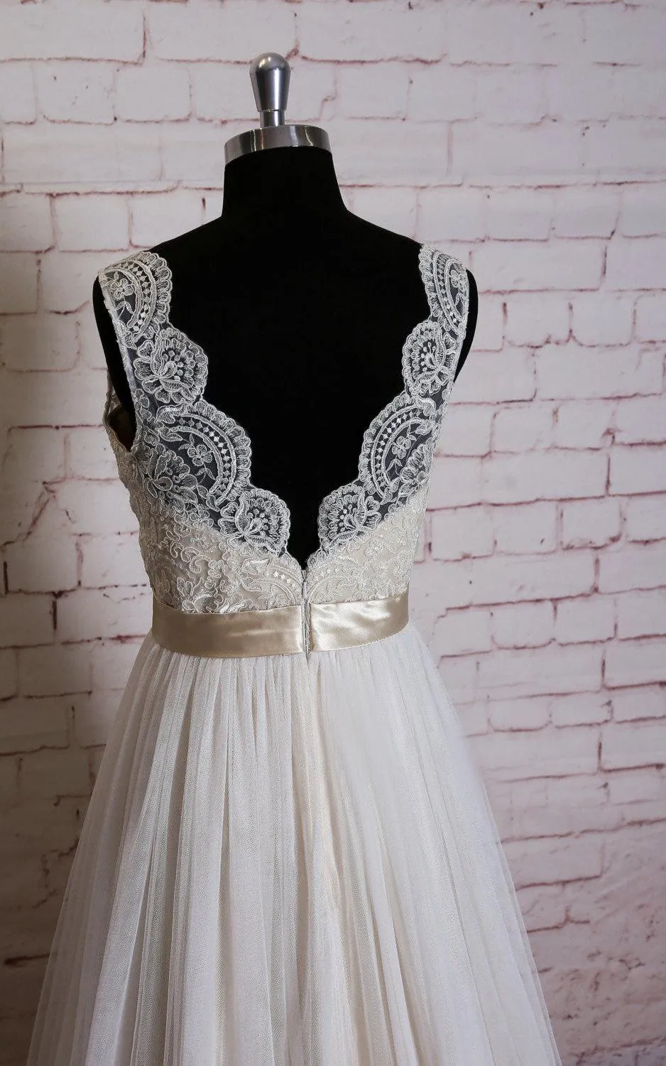 Sleeveless Queen Anne Neck A-Line Tulle Dress With Satin Sash-ET_711438
