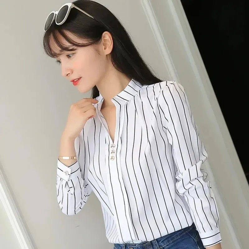 Slim Fit Chiffon Striped Office Blouse for Middle-Aged Women