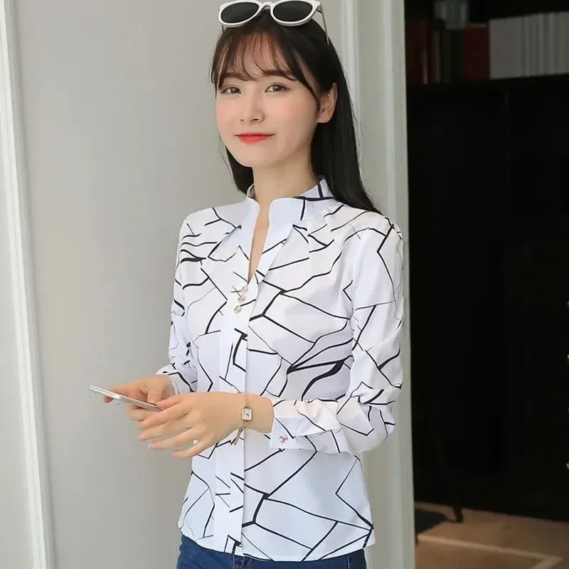 Slim Fit Chiffon Striped Office Blouse for Middle-Aged Women