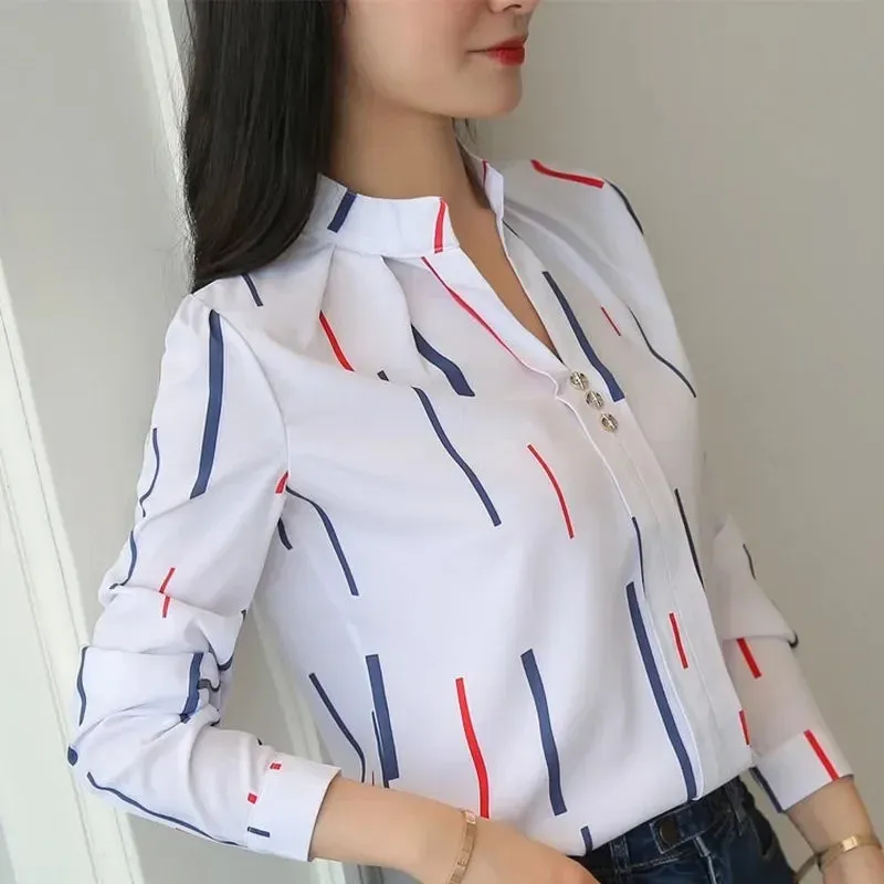Slim Fit Chiffon Striped Office Blouse for Middle-Aged Women