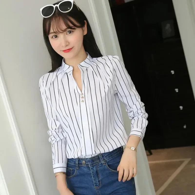 Slim Fit Chiffon Striped Office Blouse for Middle-Aged Women