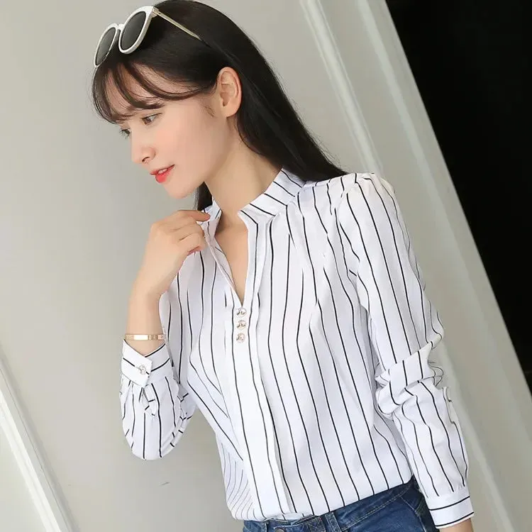 Slim Fit Chiffon Striped Office Blouse for Middle-Aged Women
