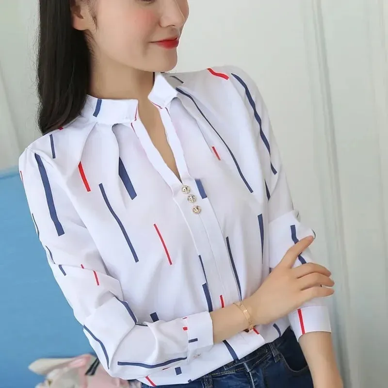 Slim Fit Chiffon Striped Office Blouse for Middle-Aged Women