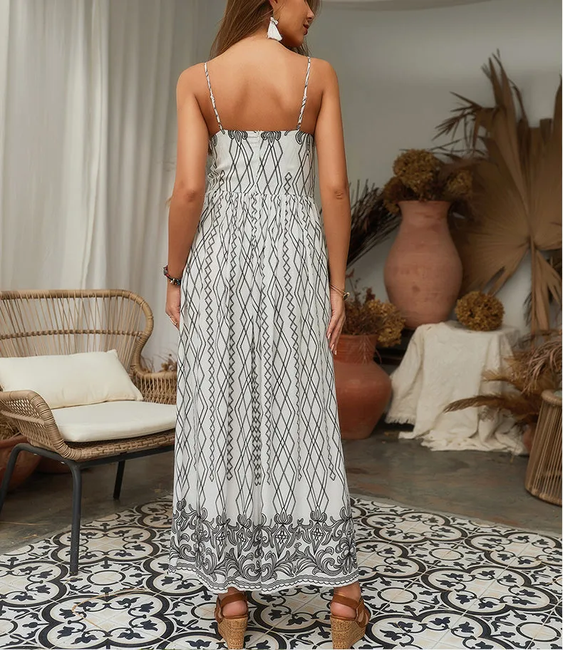 Sling V-neck Lace Long Dress Seaside Beach Skirt
