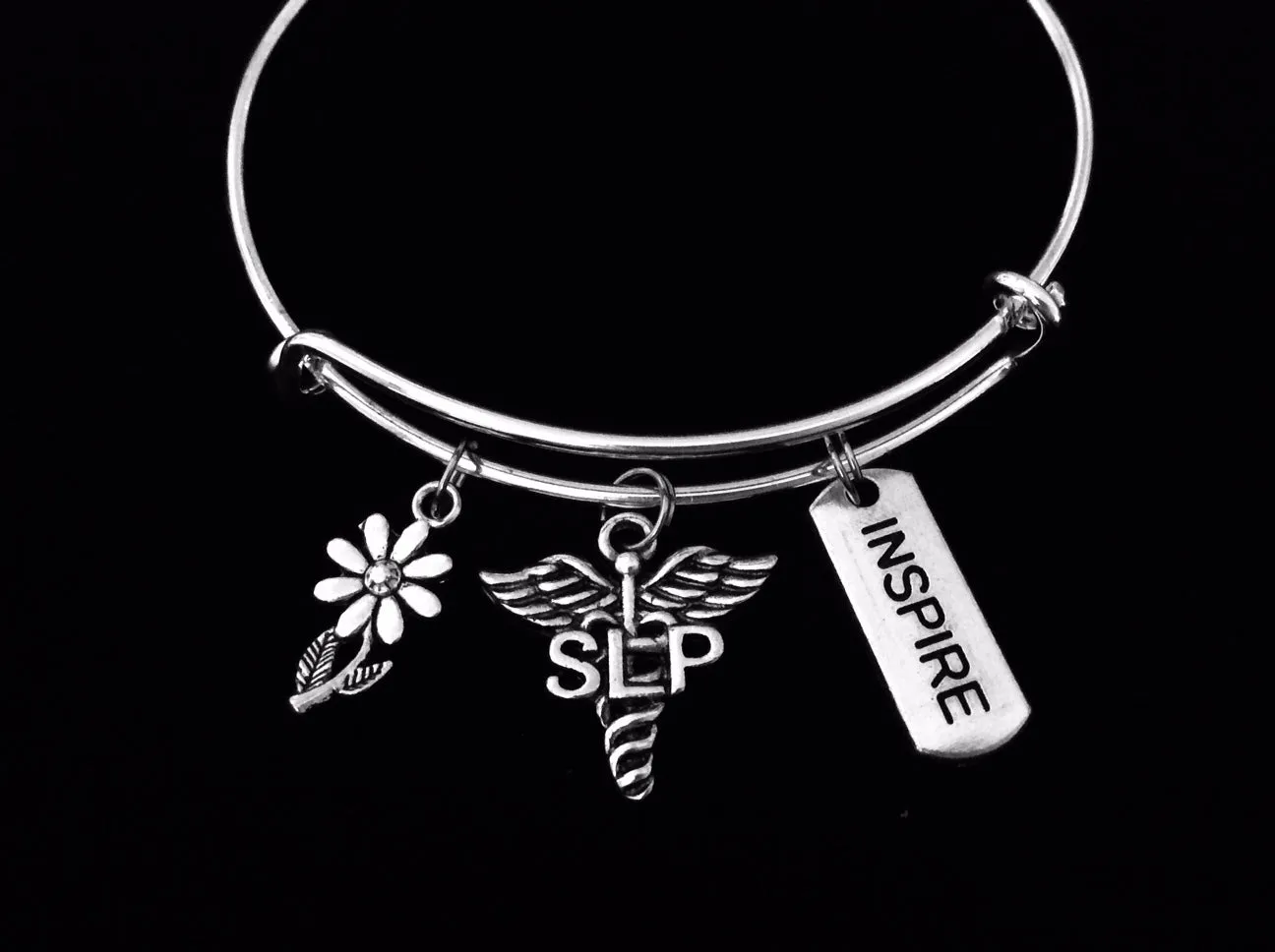 SLP Speech Language Pathologist Charm Bracelet Silver Adjustable Expandable Bangle One Size Fits All Gift Inspire Daisy Medical