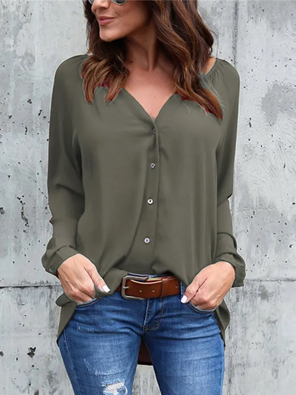 Solid Color V-neck Loose Long-sleeved Chiffon Shirt