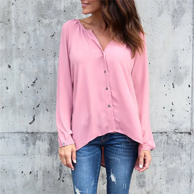 Solid Color V-neck Loose Long-sleeved Chiffon Shirt