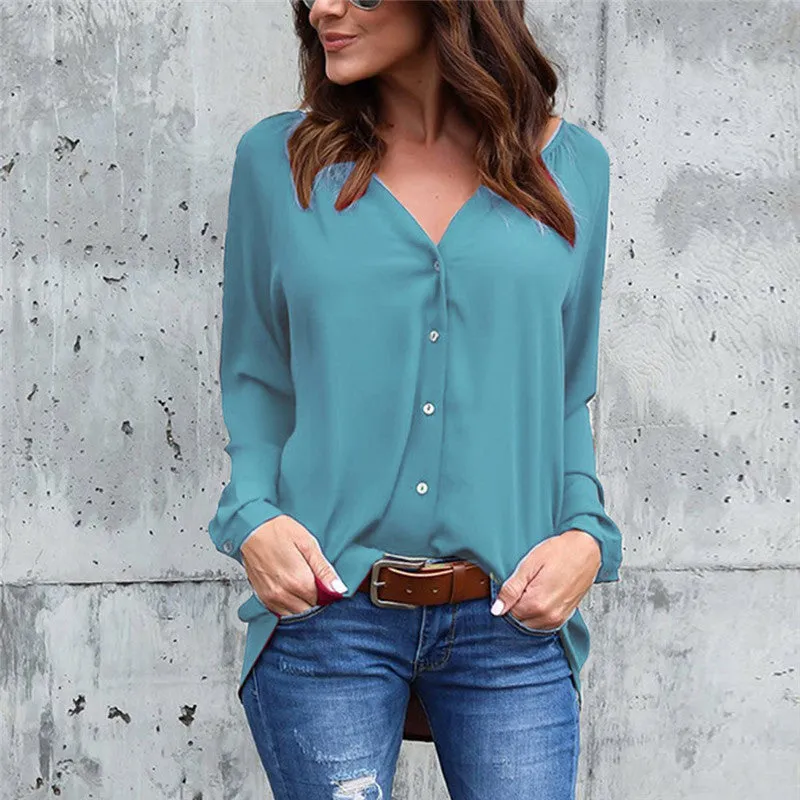 Solid Color V-neck Loose Long-sleeved Chiffon Shirt