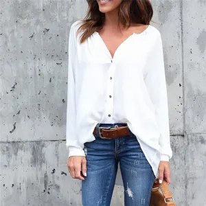 Solid Color V-neck Loose Long-sleeved Chiffon Shirt