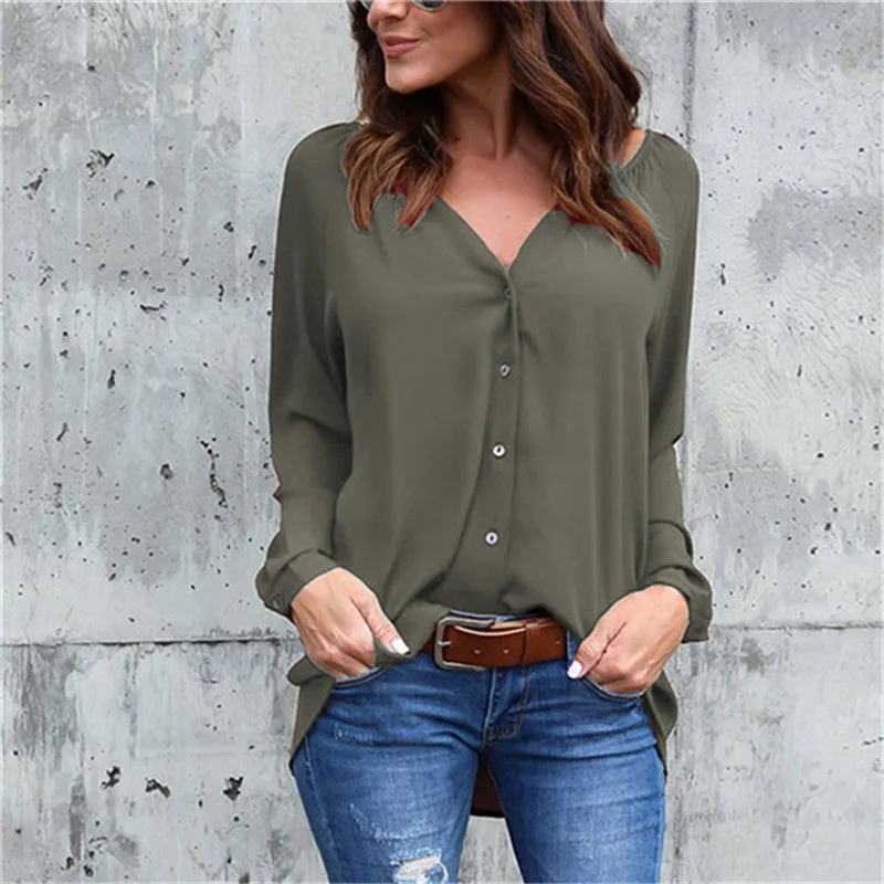 Solid Color V-neck Loose Long-sleeved Chiffon Shirt