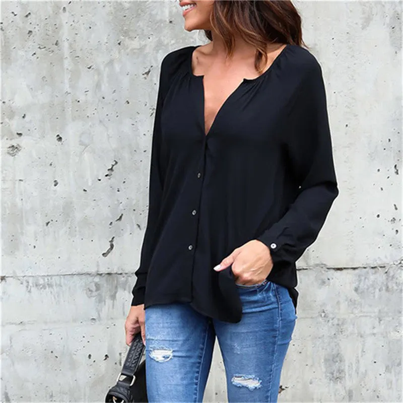 Solid Color V-neck Loose Long-sleeved Chiffon Shirt