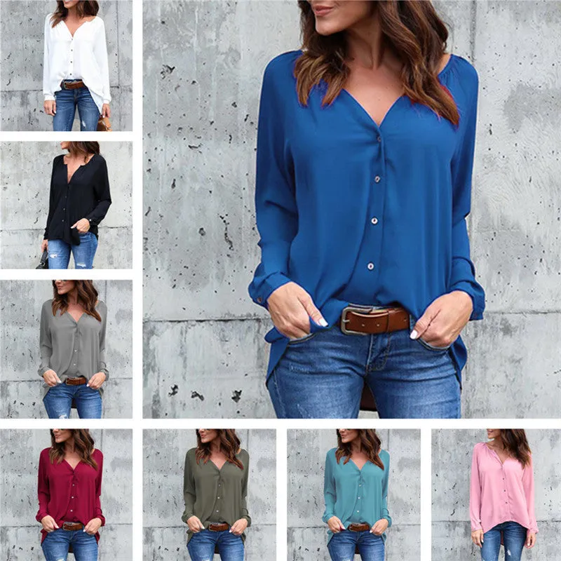 Solid Color V-neck Loose Long-sleeved Chiffon Shirt