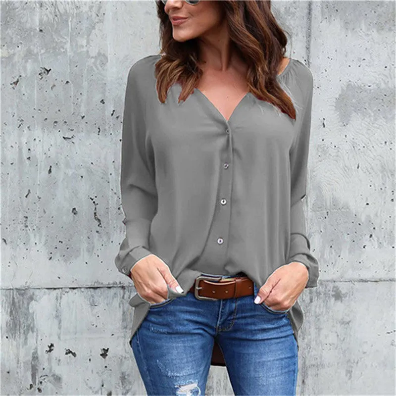 Solid Color V-neck Loose Long-sleeved Chiffon Shirt