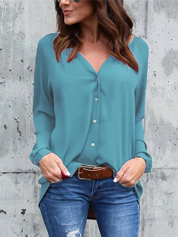 Solid Color V-neck Loose Long-sleeved Chiffon Shirt
