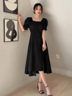 Solid Puff Sleeve A-line Dress