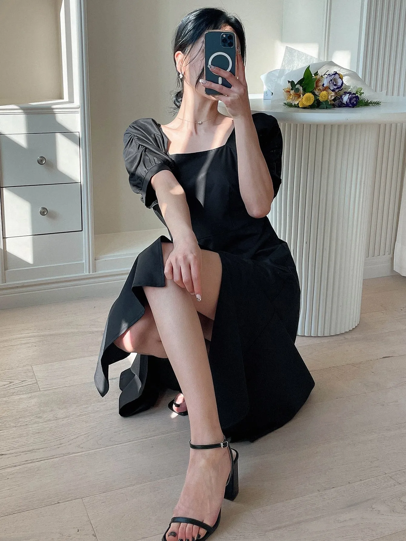 Solid Puff Sleeve A-line Dress