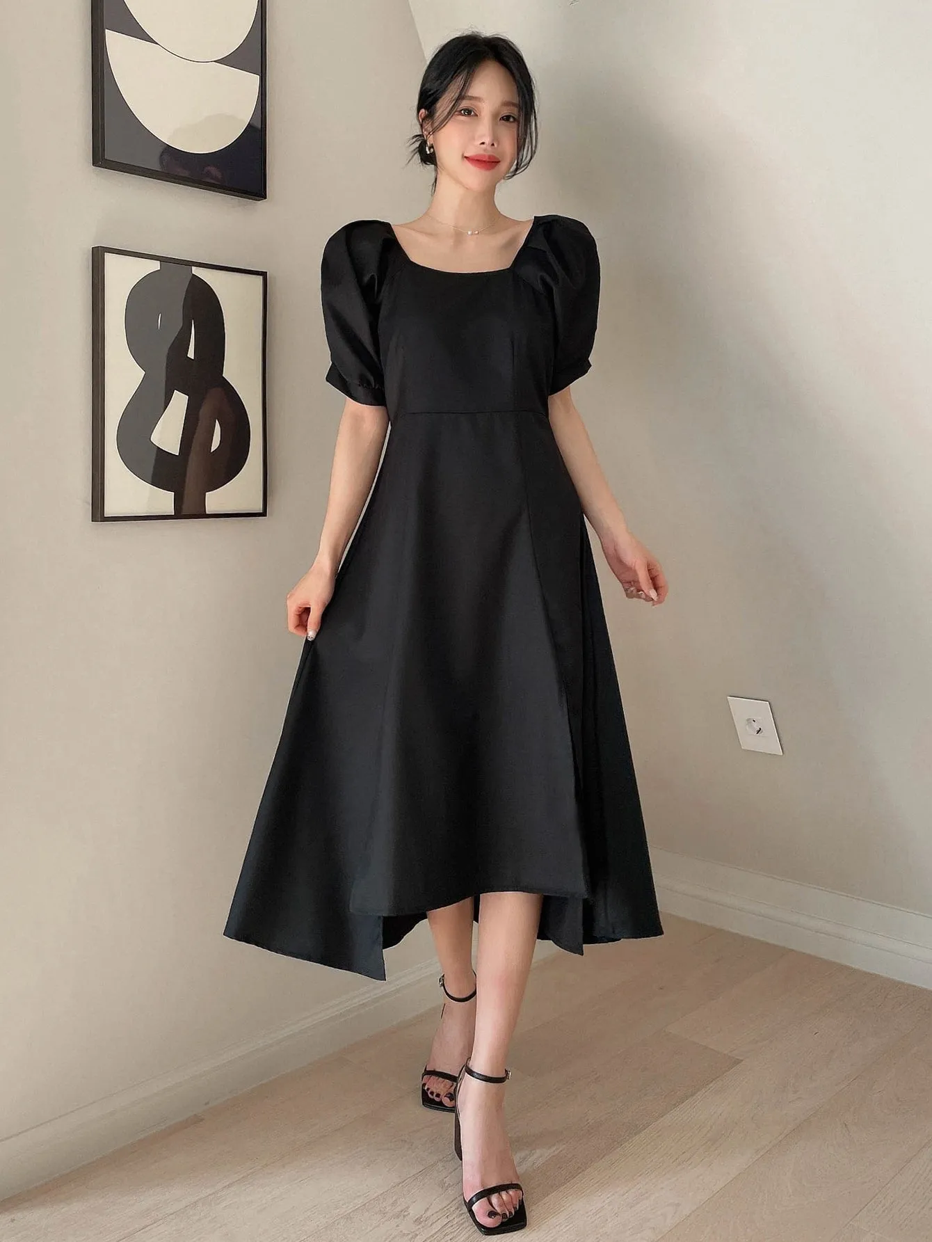Solid Puff Sleeve A-line Dress