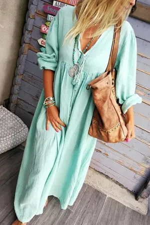 Solid V Neck Long Sleeve Loose Maxi Dress
