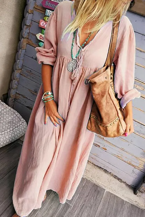 Solid V Neck Long Sleeve Loose Maxi Dress