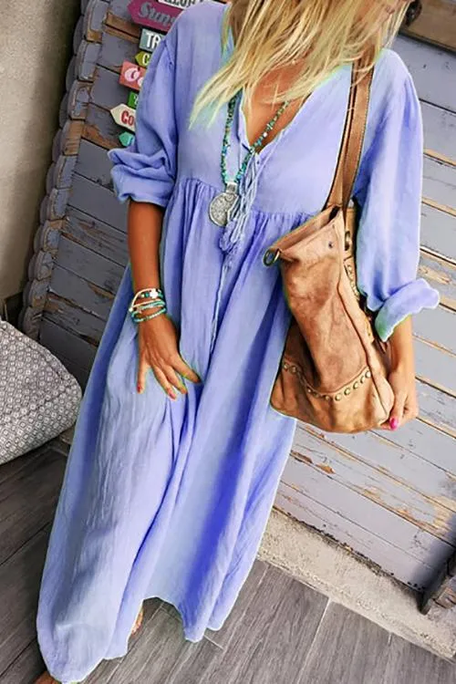 Solid V Neck Long Sleeve Loose Maxi Dress