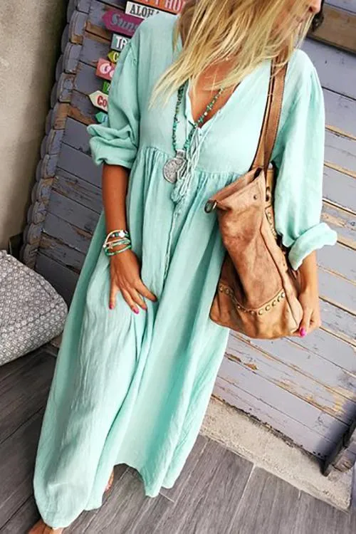 Solid V Neck Long Sleeve Loose Maxi Dress