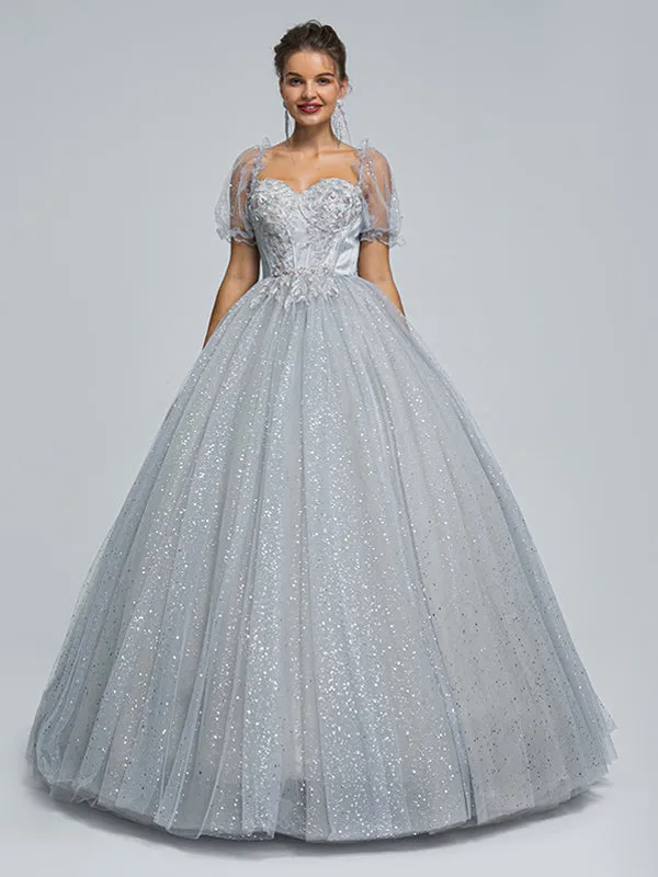 Sparkly Grey A-line Short Sleeves Cheap Long Prom Dresses,12857