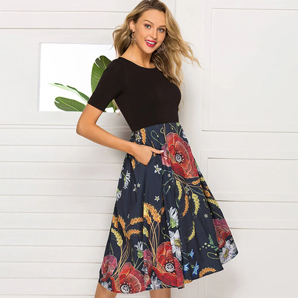 Spring and Autumn Print Stitching Women's Dress Slim Fit High Waist Party Dress