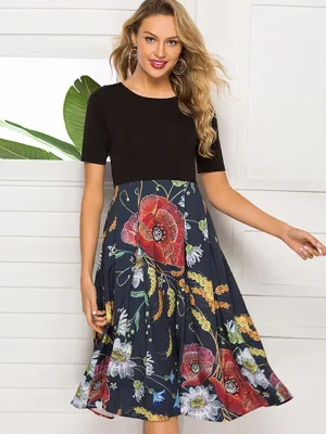 Spring and Autumn Print Stitching Women's Dress Slim Fit High Waist Party Dress