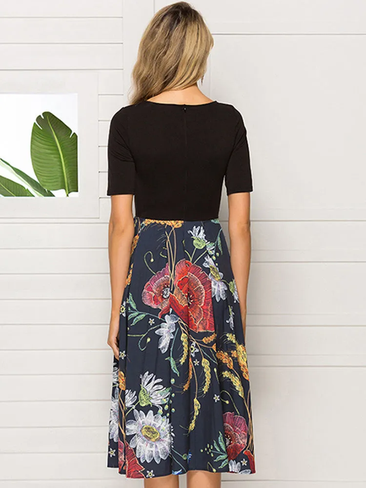 Spring and Autumn Print Stitching Women's Dress Slim Fit High Waist Party Dress