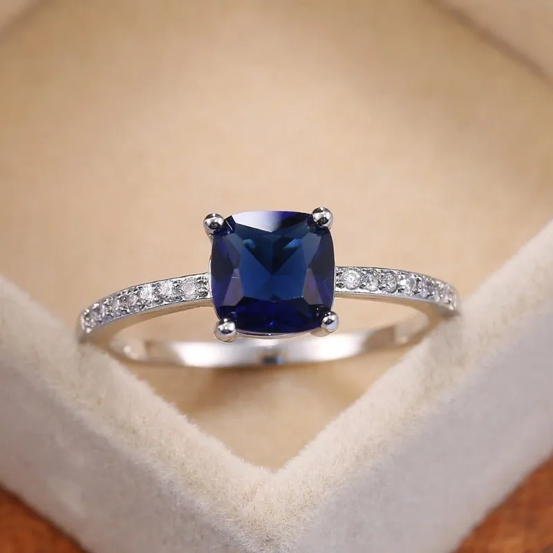 Square Blue Gemstone Ring Women Engagement Jewelry