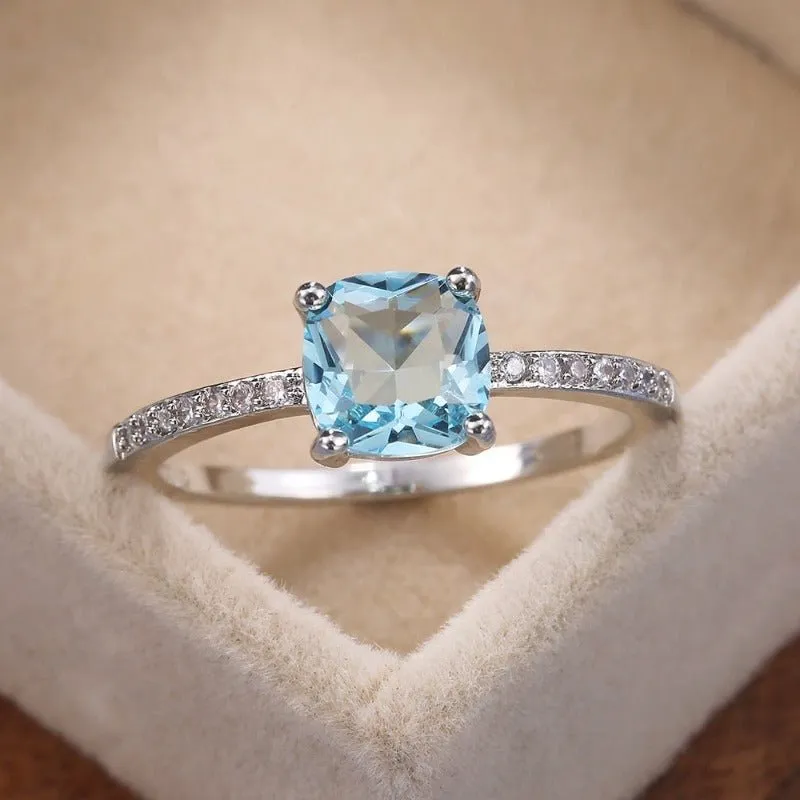 Square Blue Gemstone Ring Women Engagement Jewelry