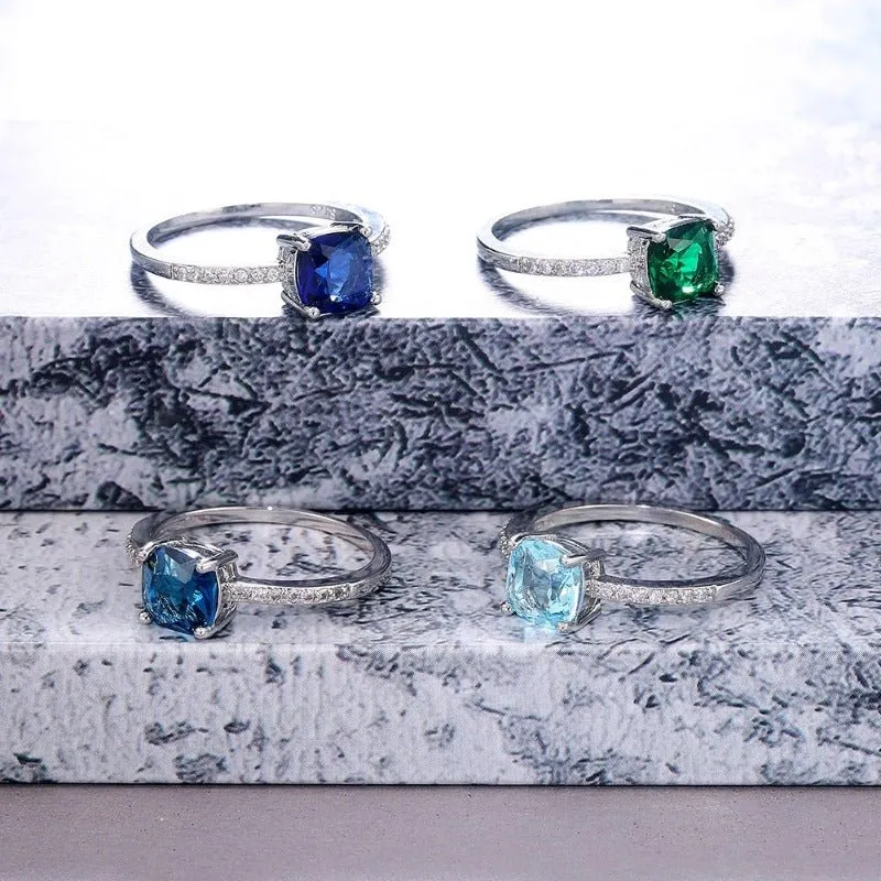 Square Blue Gemstone Ring Women Engagement Jewelry