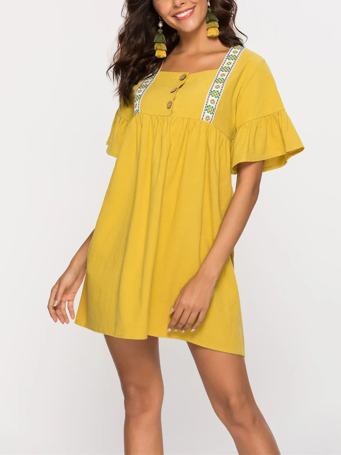 Square Collar Lotus Leaf Sleeve Loose Dress