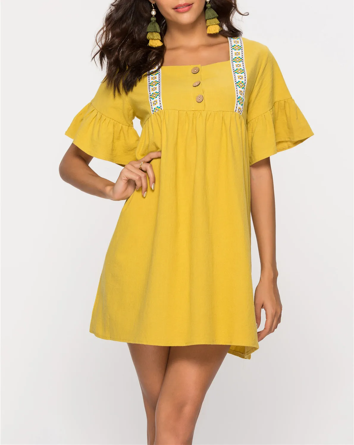 Square Collar Lotus Leaf Sleeve Loose Dress