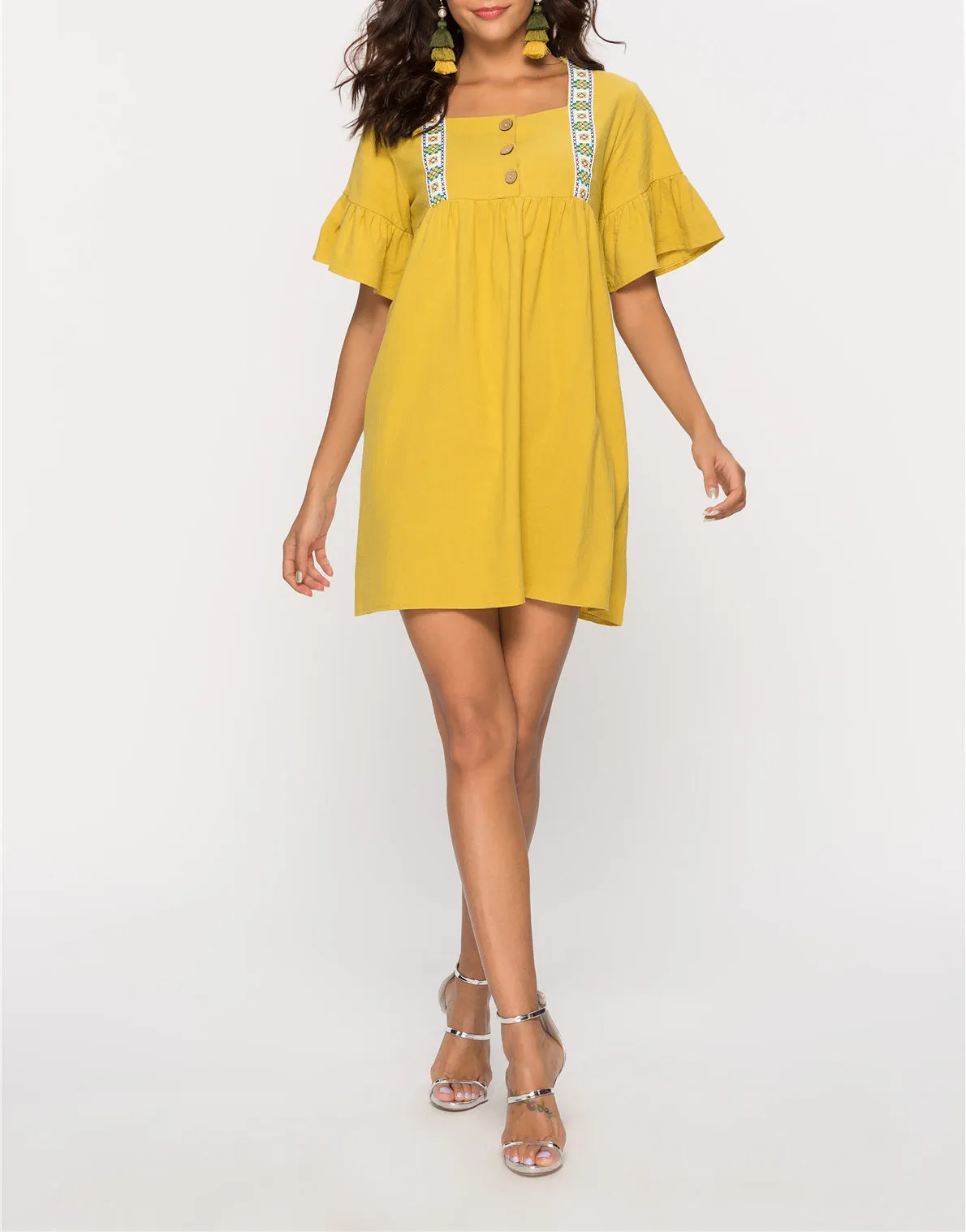Square Collar Lotus Leaf Sleeve Loose Dress