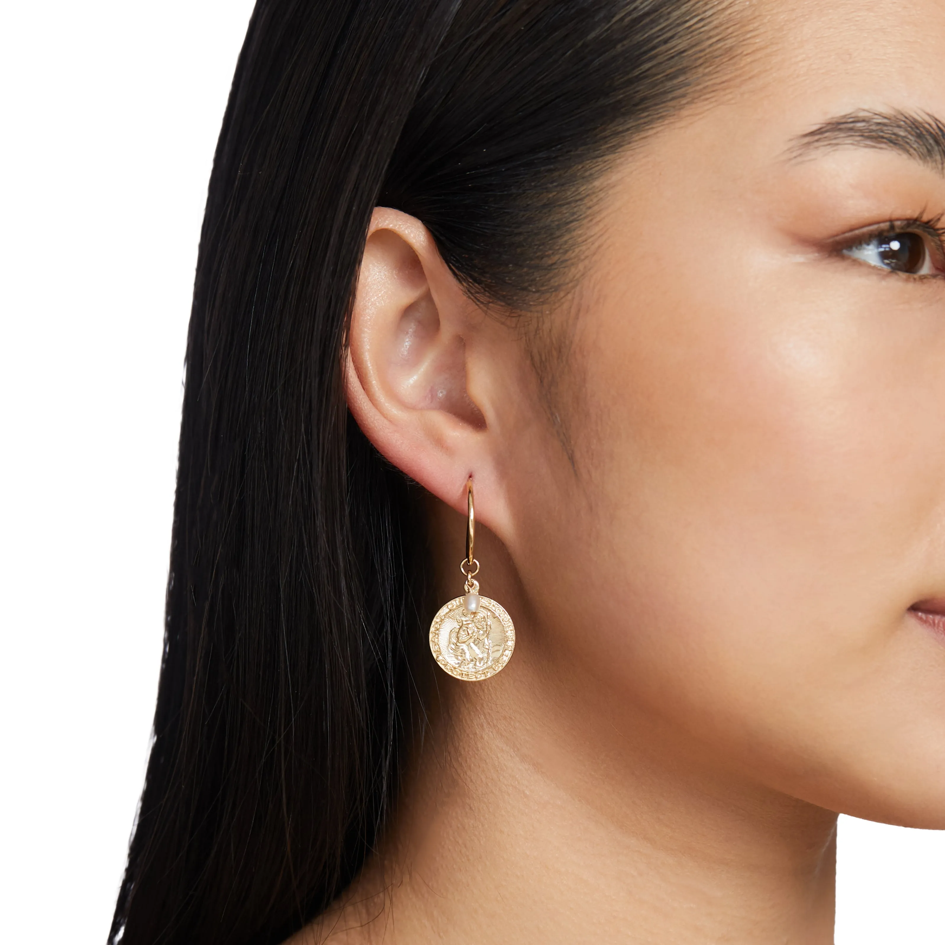 St Christopher Freshwater Pearl Hoop Earrings - Gold