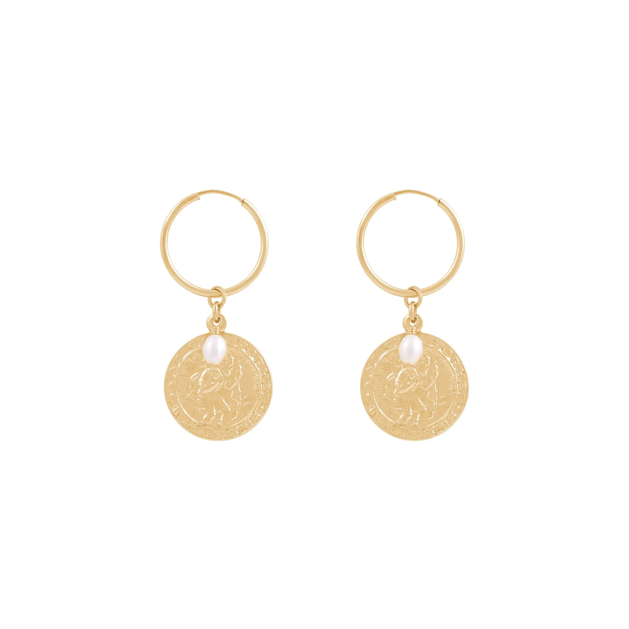 St Christopher Freshwater Pearl Hoop Earrings - Gold