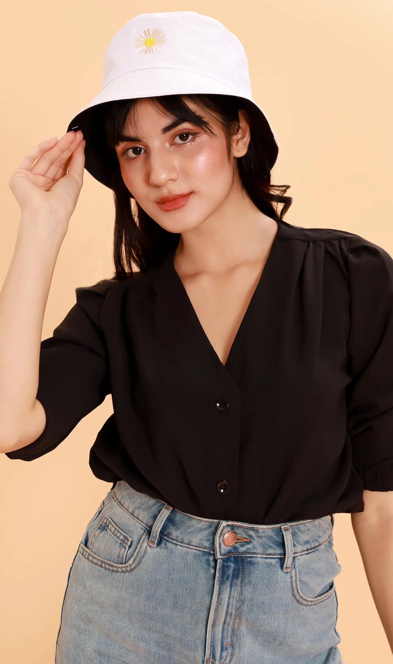 STELLA Button-Down Long-Sleeve Top (Black)