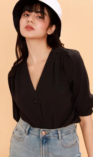 STELLA Button-Down Long-Sleeve Top (Black)