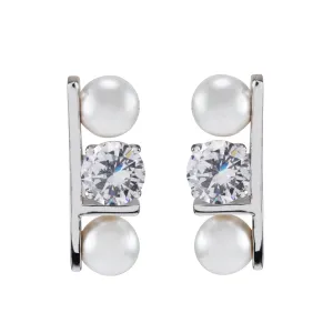 Sterling Silver 7mm Glass Pearls with Cubic Zirconia Drop Earrings