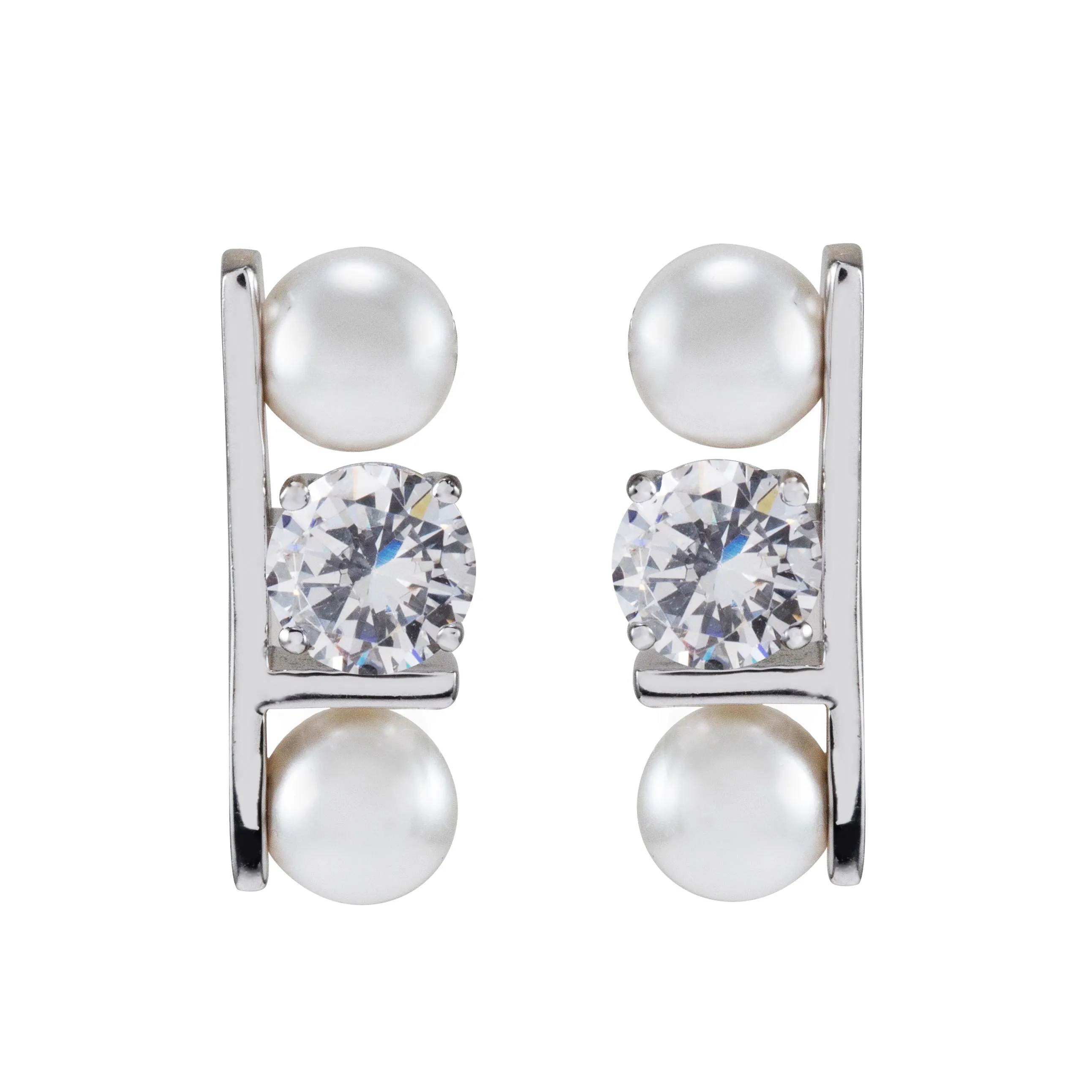 Sterling Silver 7mm Glass Pearls with Cubic Zirconia Drop Earrings