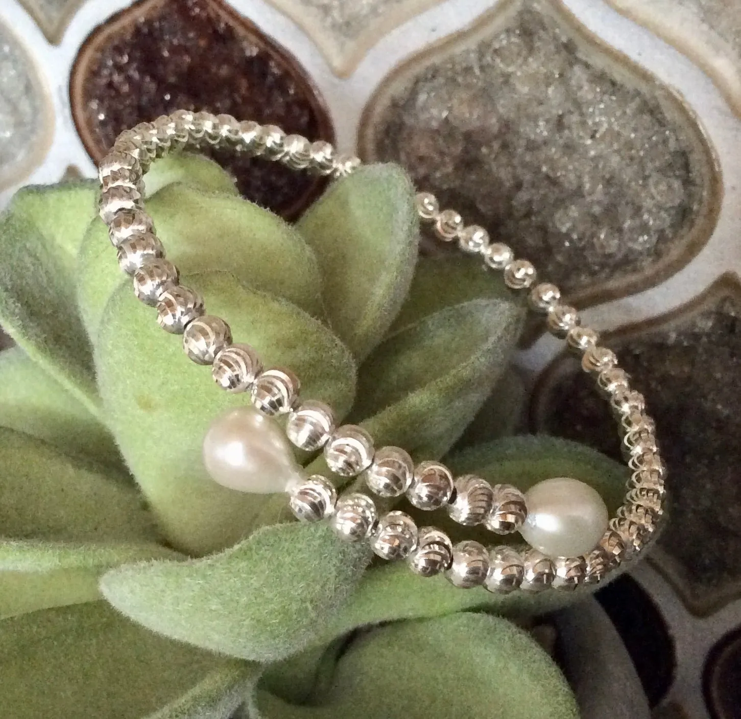 Sterling Silver Freshwater Pearl Bead Cuff Bracelet Memory Wire Silver Faceted Beaded Bangle