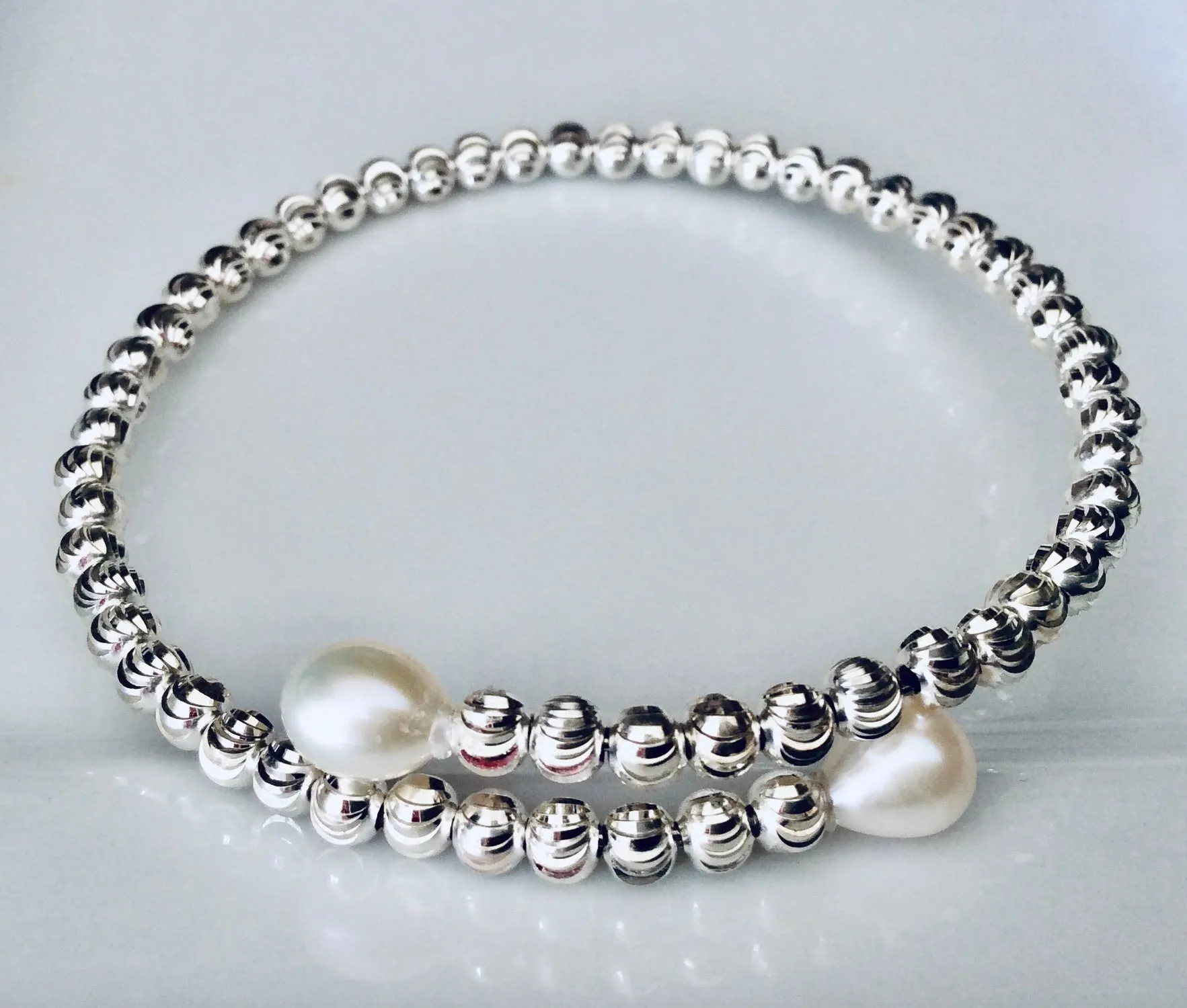 Sterling Silver Freshwater Pearl Bead Cuff Bracelet Memory Wire Silver Faceted Beaded Bangle