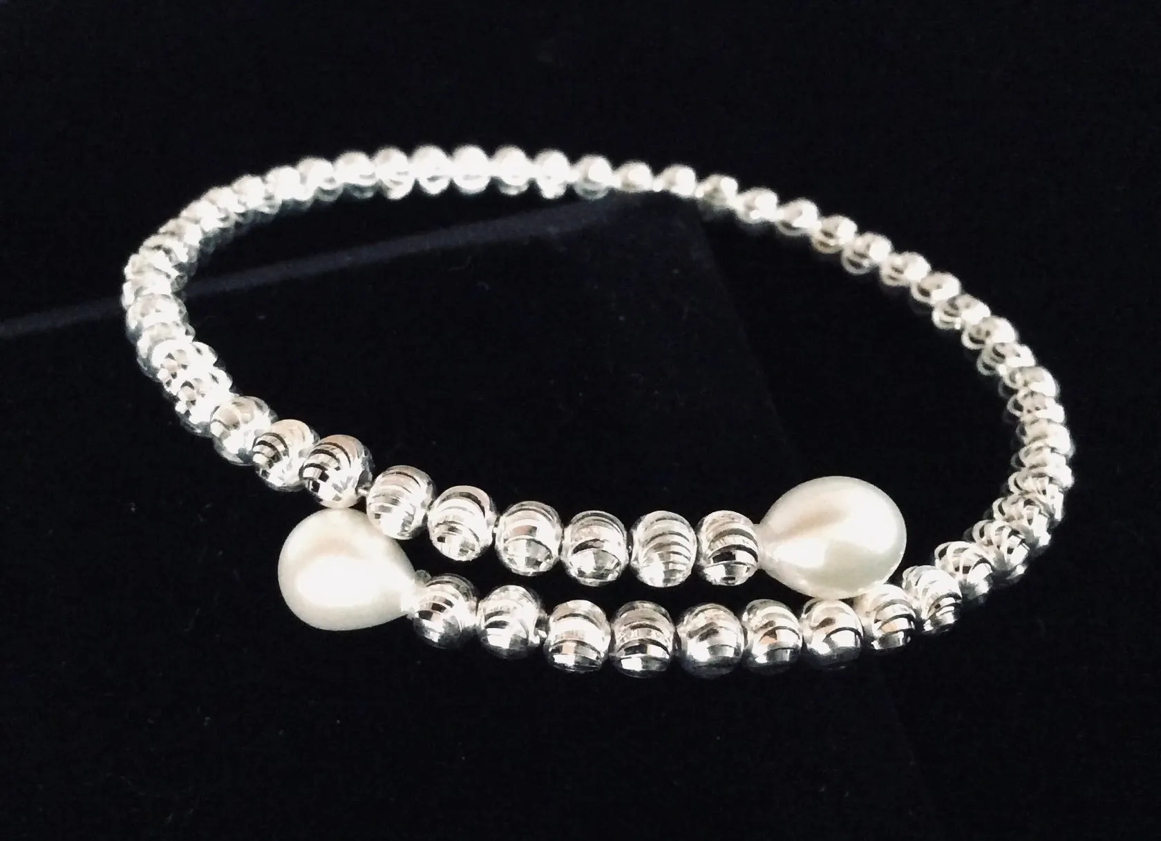 Sterling Silver Freshwater Pearl Bead Cuff Bracelet Memory Wire Silver Faceted Beaded Bangle